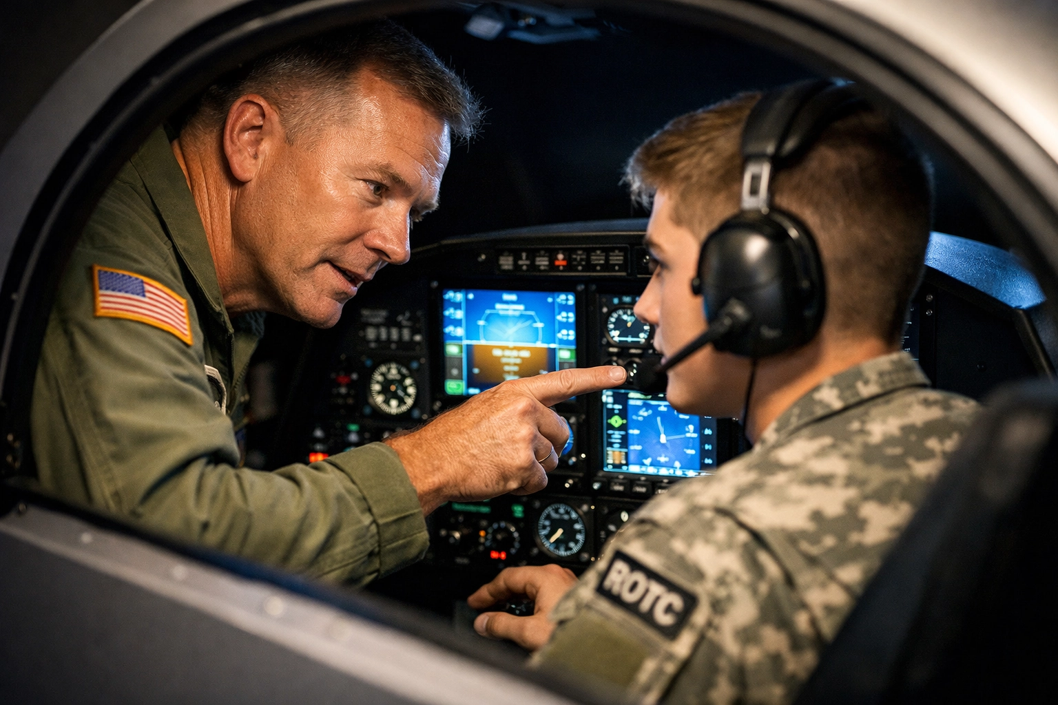 Military flight instructor training ROTC cadet in compact simulator cockpit during cross-training