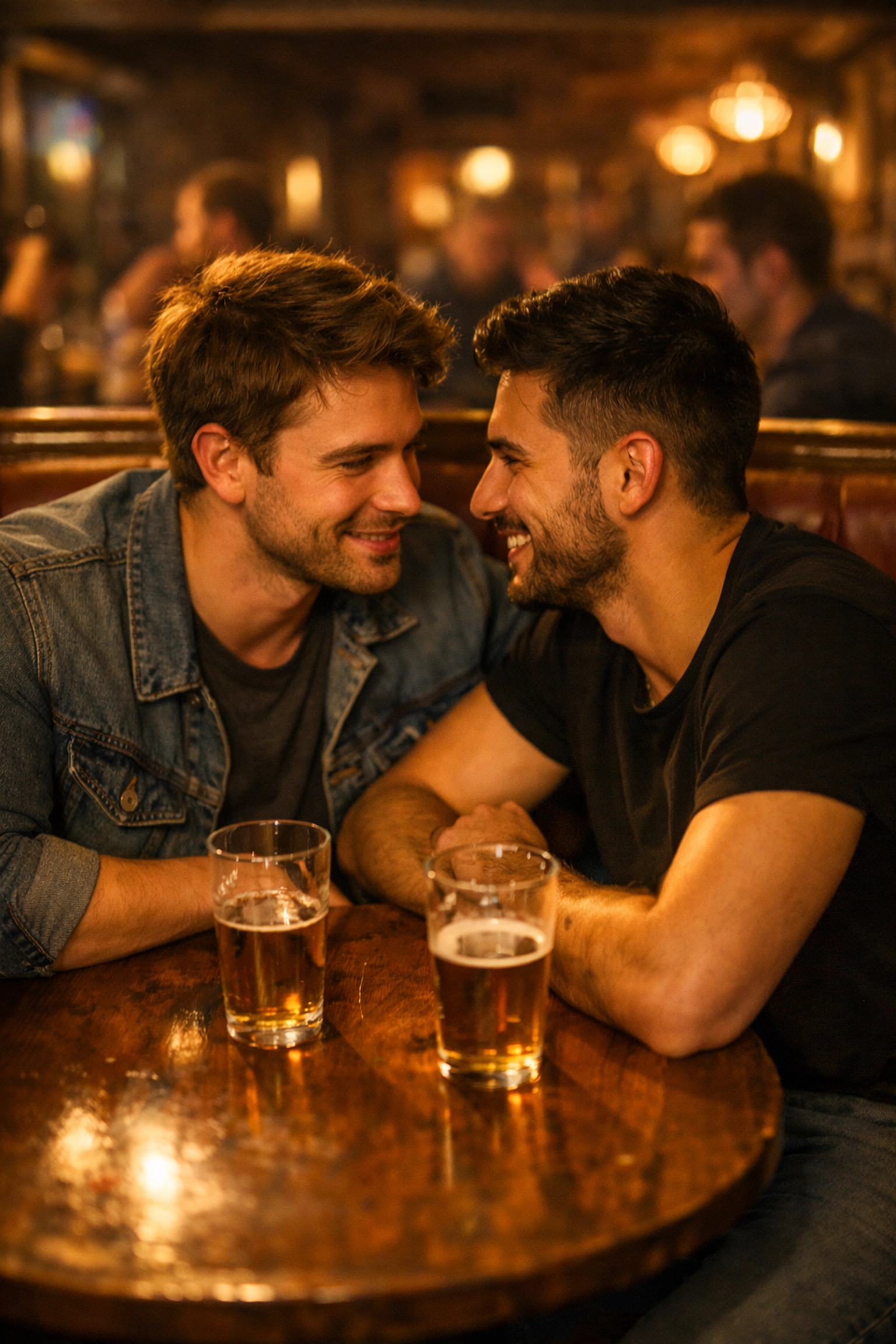 Two men connect on first date in cozy bar - gay romance story beginning