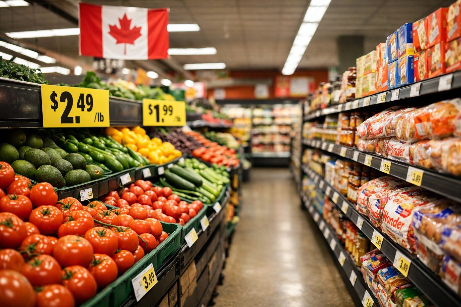Grocery store aisle with fresh produce and packaged goods in Canada