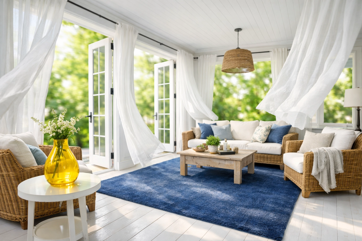 A bright, airy living room with open windows showing improved indoor air quality.