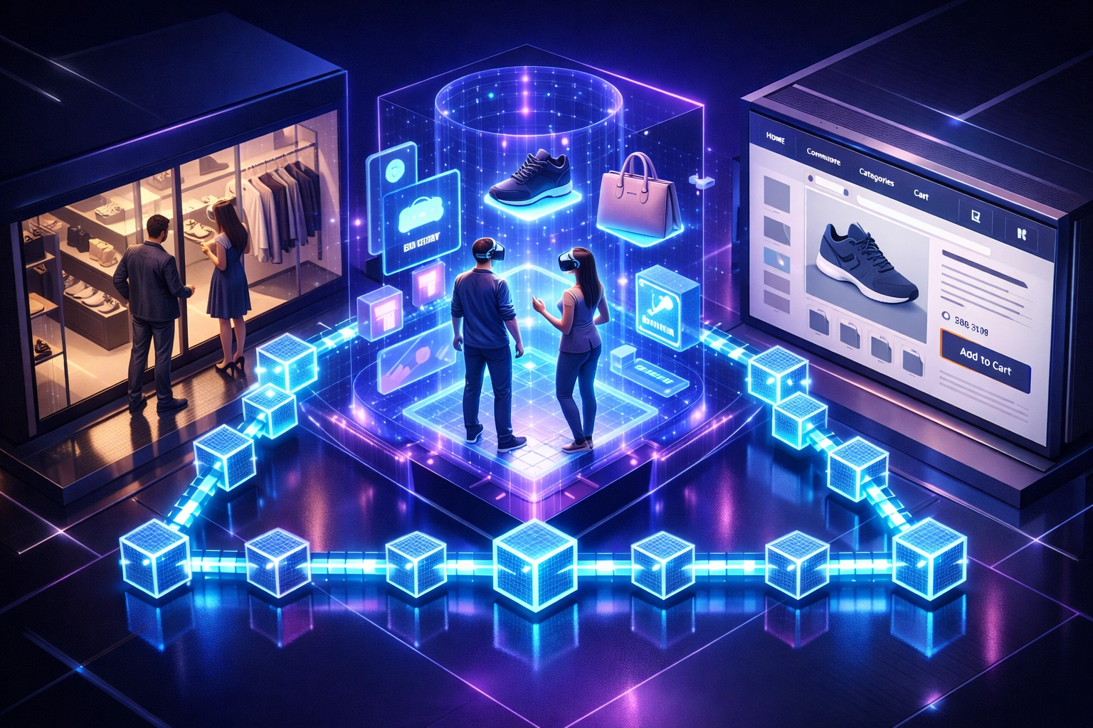 Physical store, VR metaverse storefront, and e-commerce unified by blockchain for omnichannel retail