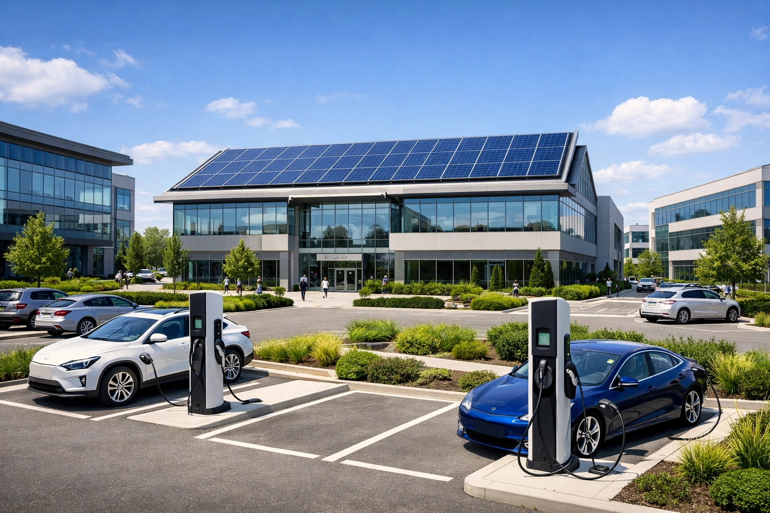 A business park featuring a commercial solar power system and EV charging points for maximum ROI.