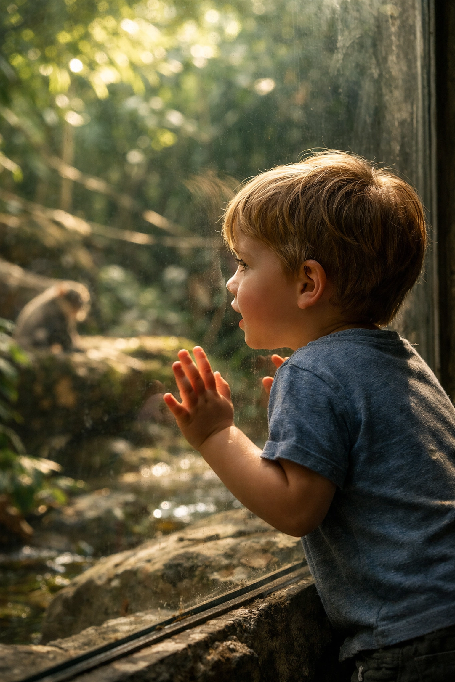 A child gazes in wonder at a lush zoo habitat, illustrating the emotional connection to wildlife conservation.