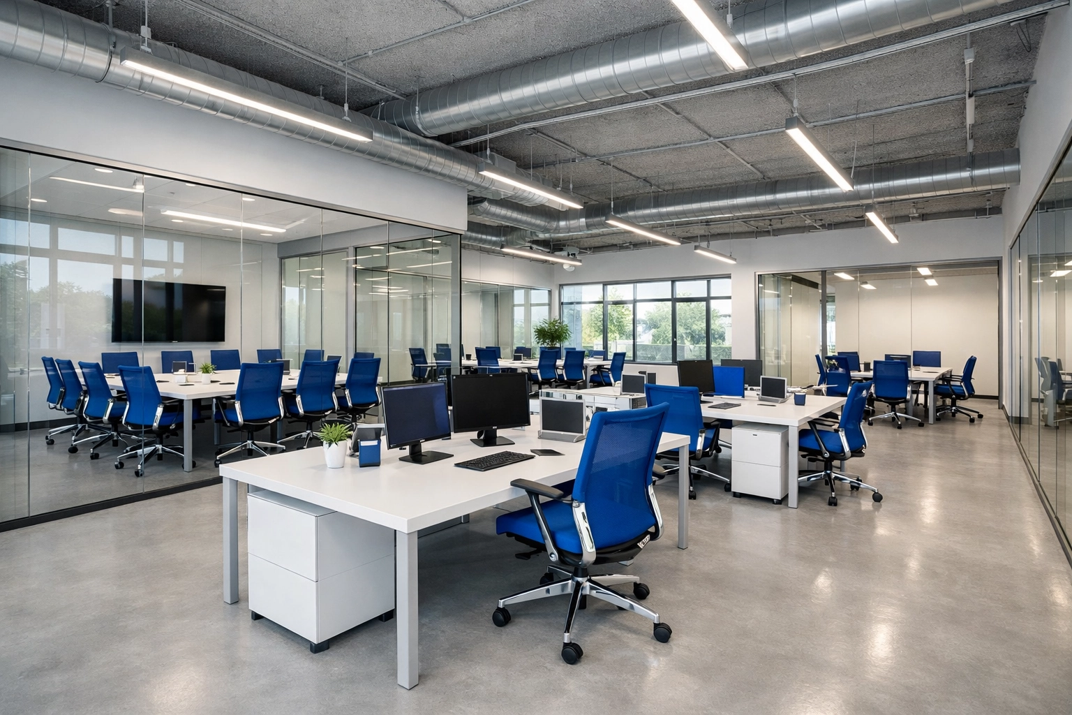 Clean office cleaning Marlborough: A bright, sanitized workspace with sparkling floors and desks.