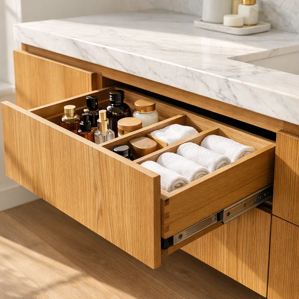 Custom white oak bathroom vanity featuring integrated hidden storage drawers and modern clean lines.