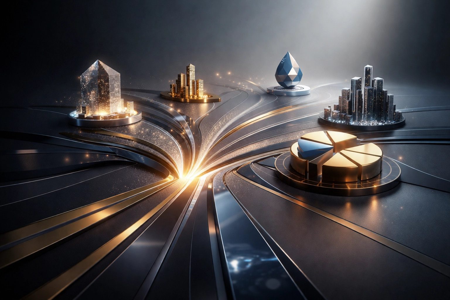 Abstract visualization of diversified portfolio strategies with multiple interconnected asset classes