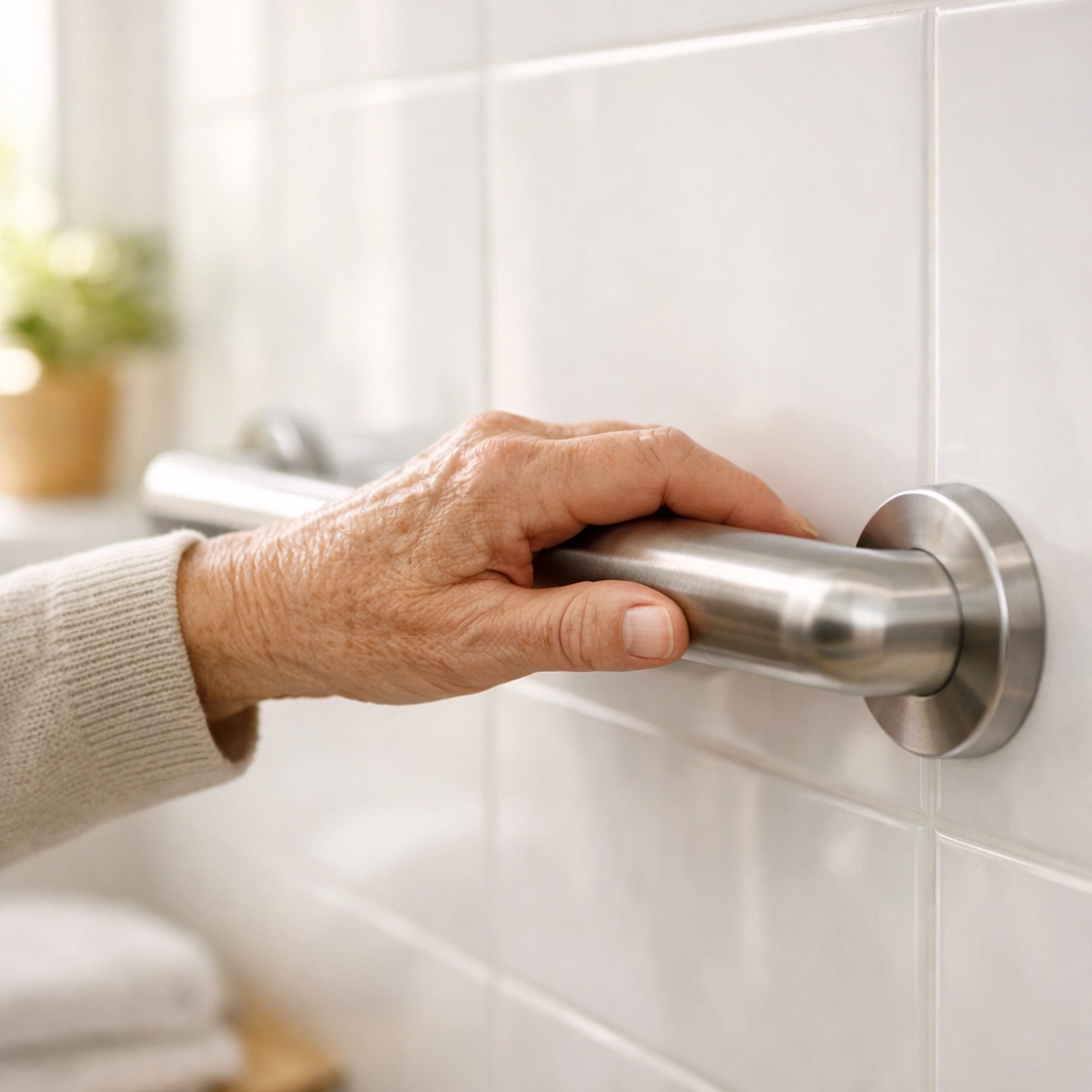 Senior using a no-drill grab bar for balance support on bathroom tiles.