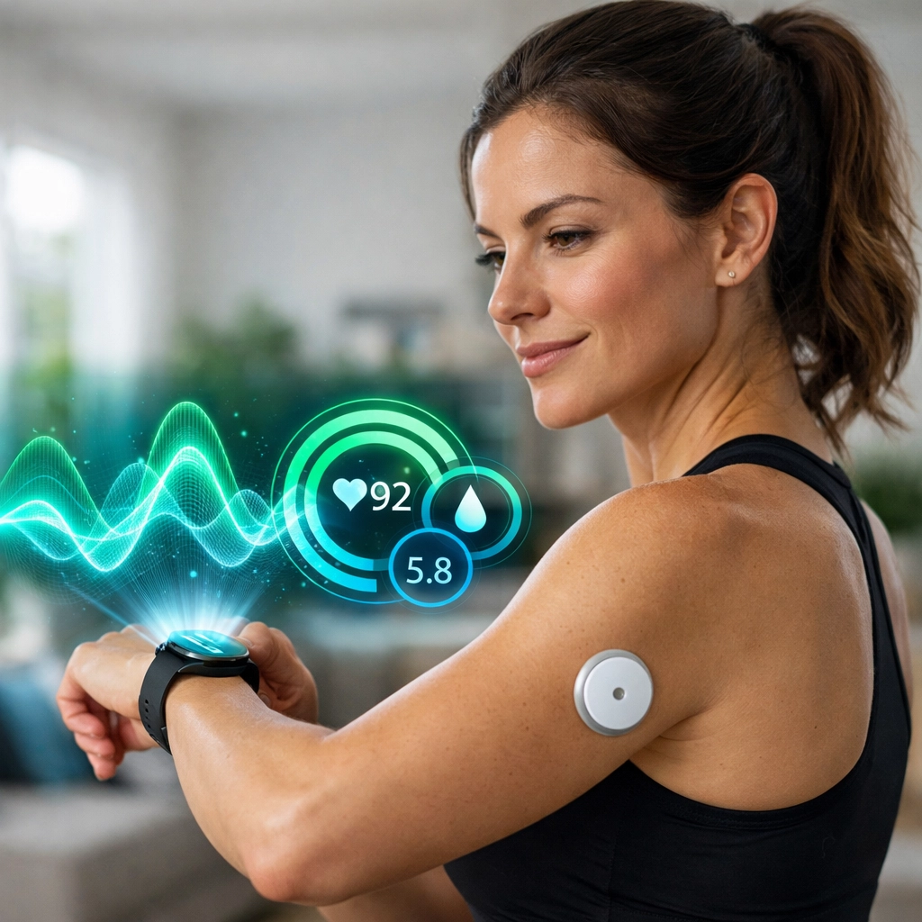 Athletic woman checking health data on a smartwatch while wearing a continuous glucose monitor for bio-monitoring.