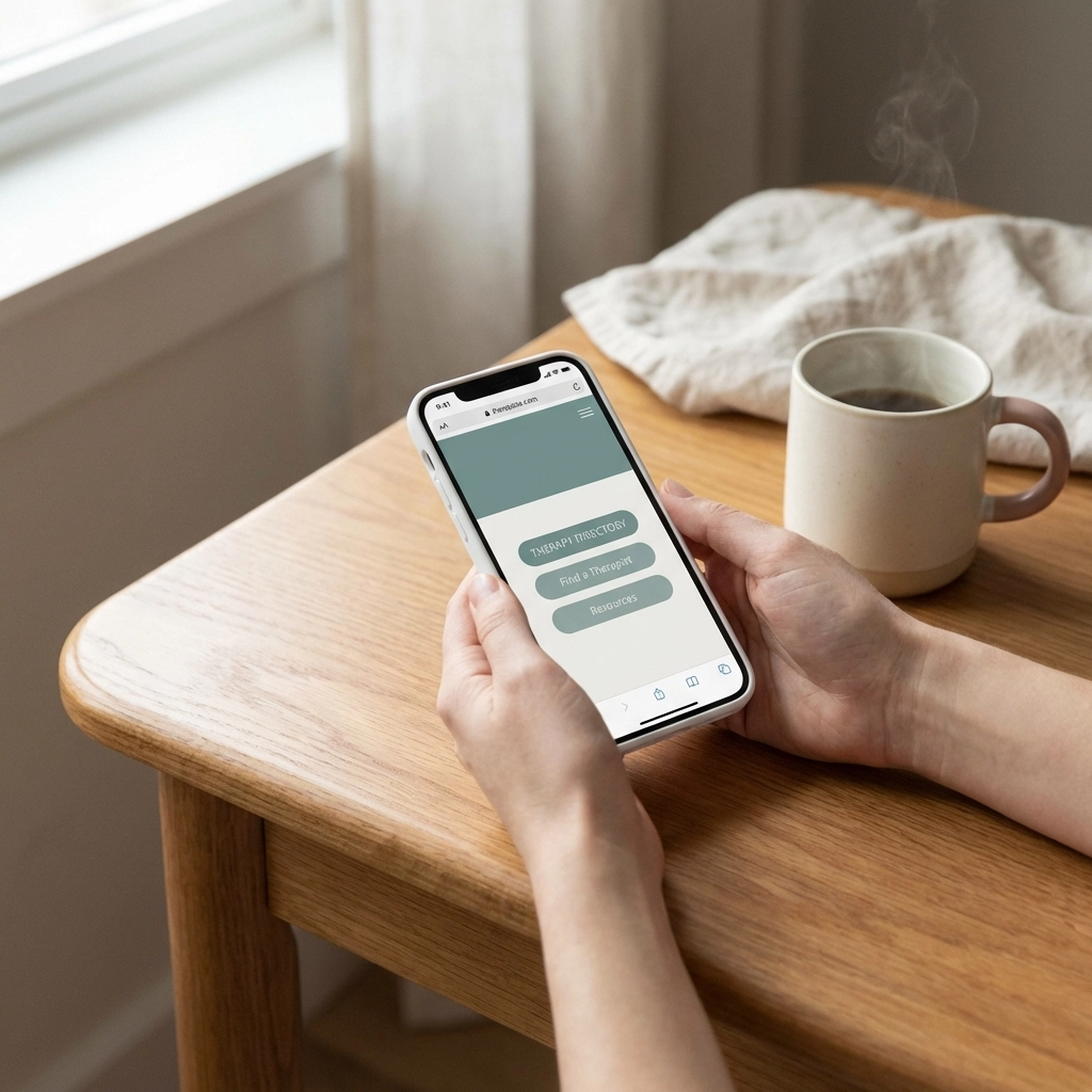 Hands holding a smartphone browsing a therapy directory, searching for an LGBTQ+ and neurodivergent affirming therapist.