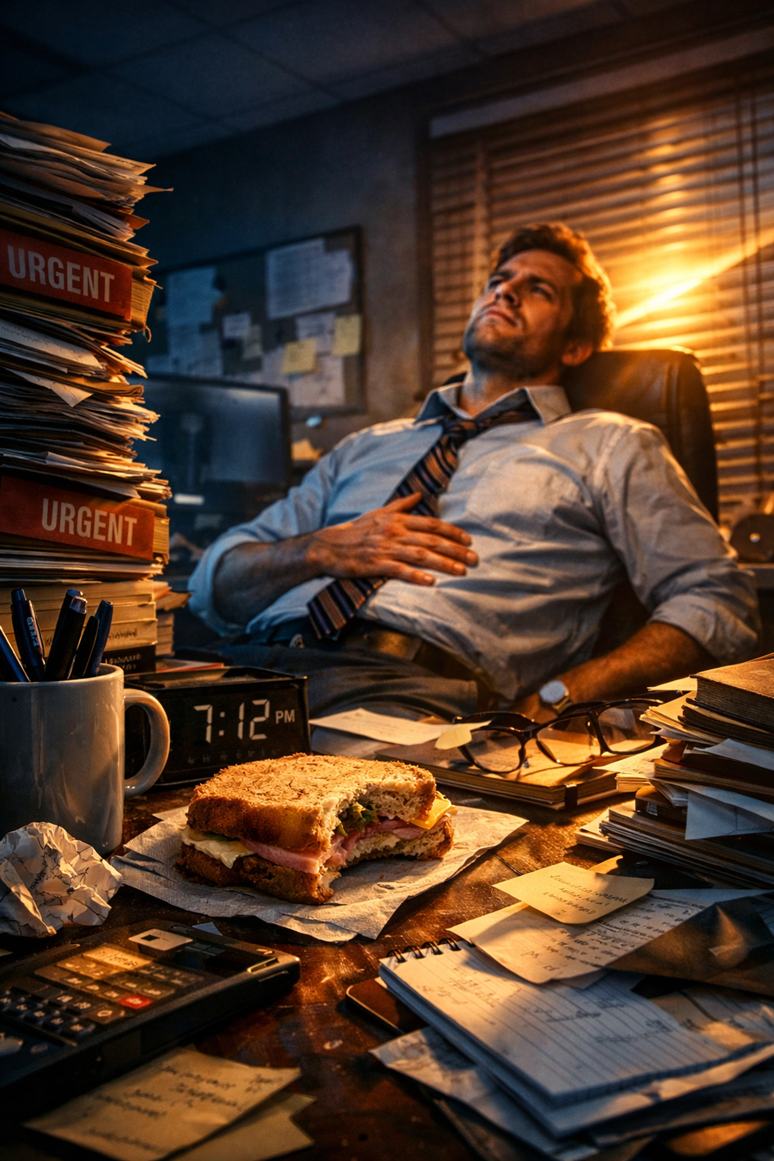 Exhausted office hero at a messy desk, illustrating the need for office mugs funny to survive the day.