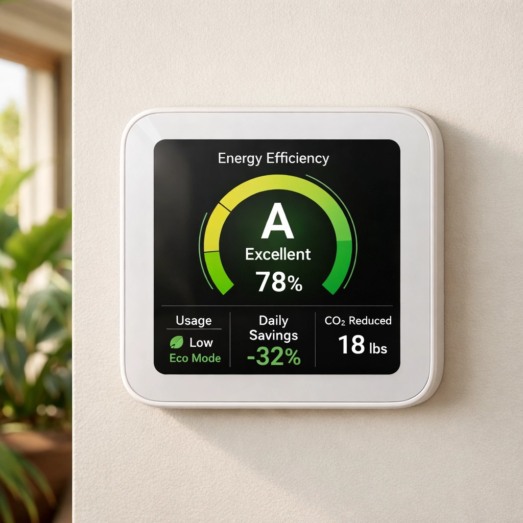 Smart thermostat showing energy efficiency metrics for air conditioning Maui system