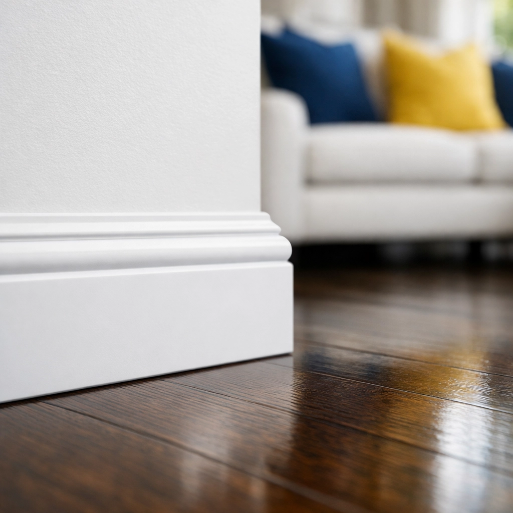 Spotless white baseboards and polished hardwood floors after professional move-out cleaning in Boston.