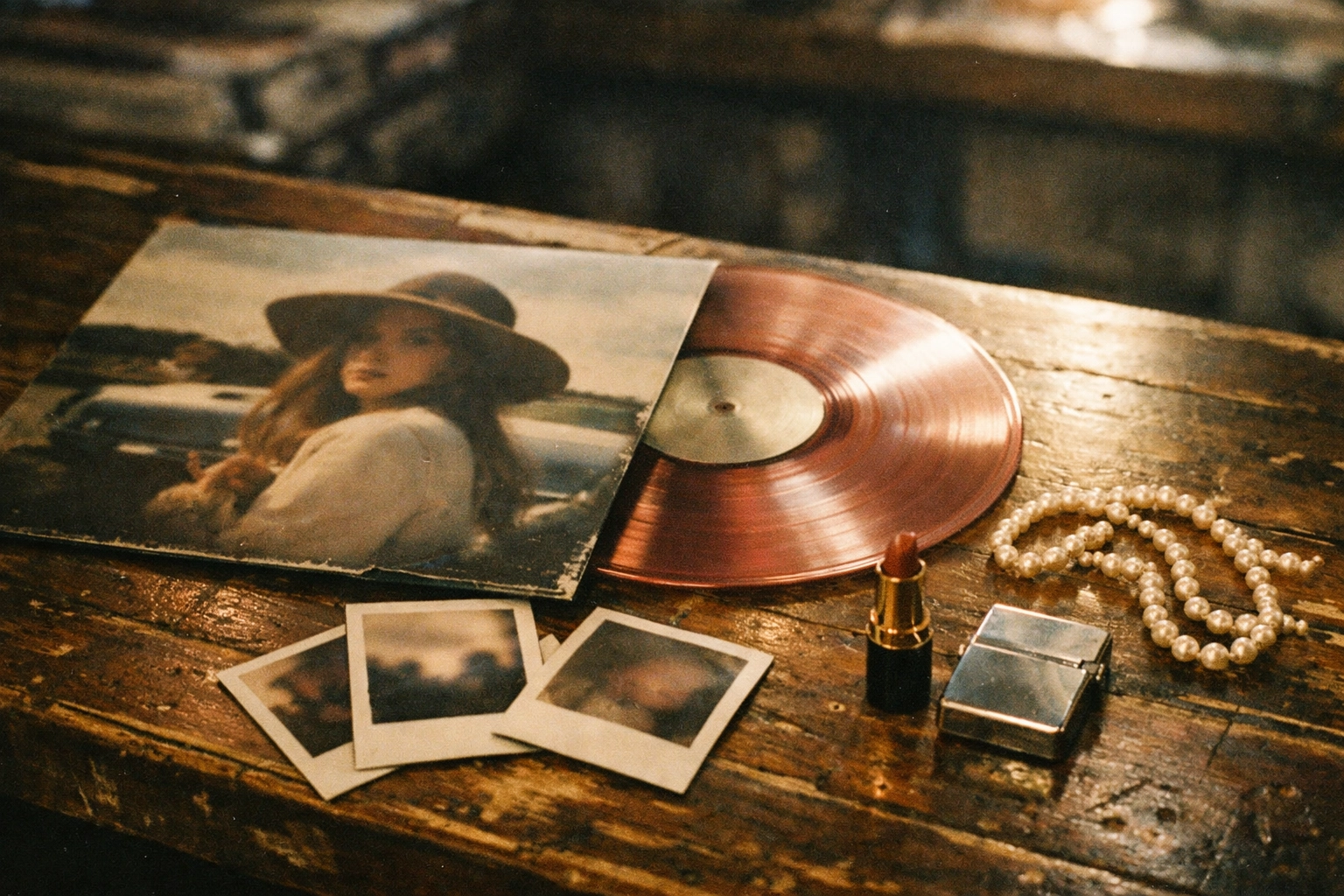 Vintage-style flat lay of colored used vinyl records and retro accessories at a record store in Los Angeles.