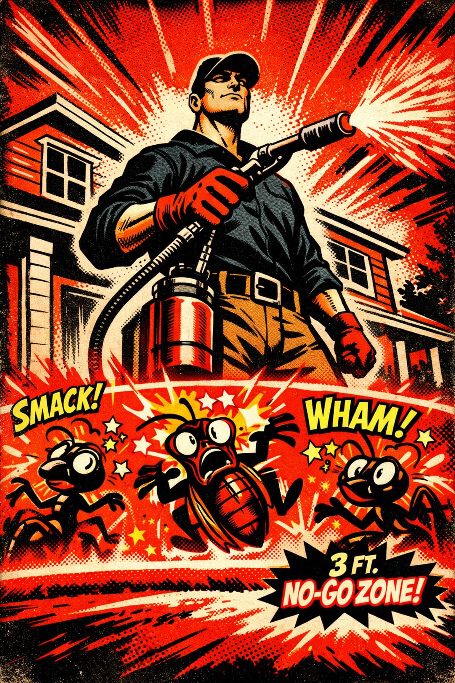 Exterminator applying the 3ft up 3ft out protective barrier to a house in Sumiton AL.