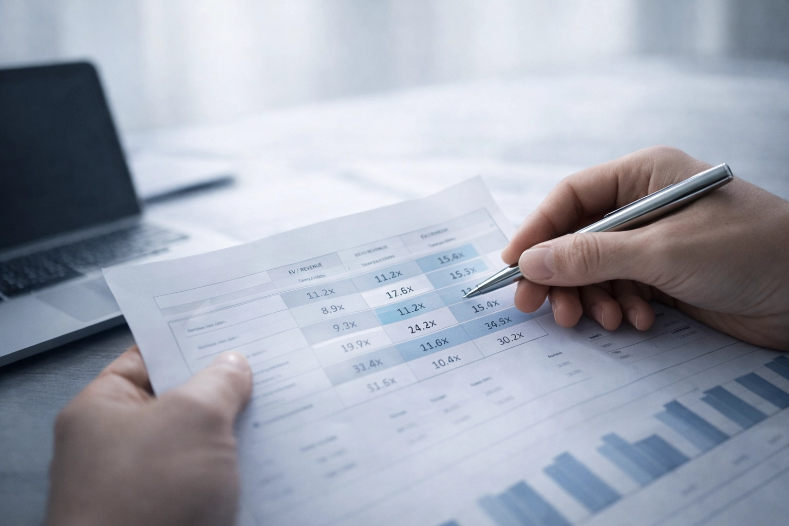 Close-up of financial documents highlighting a transparent comparable company analysis valuation narrative.