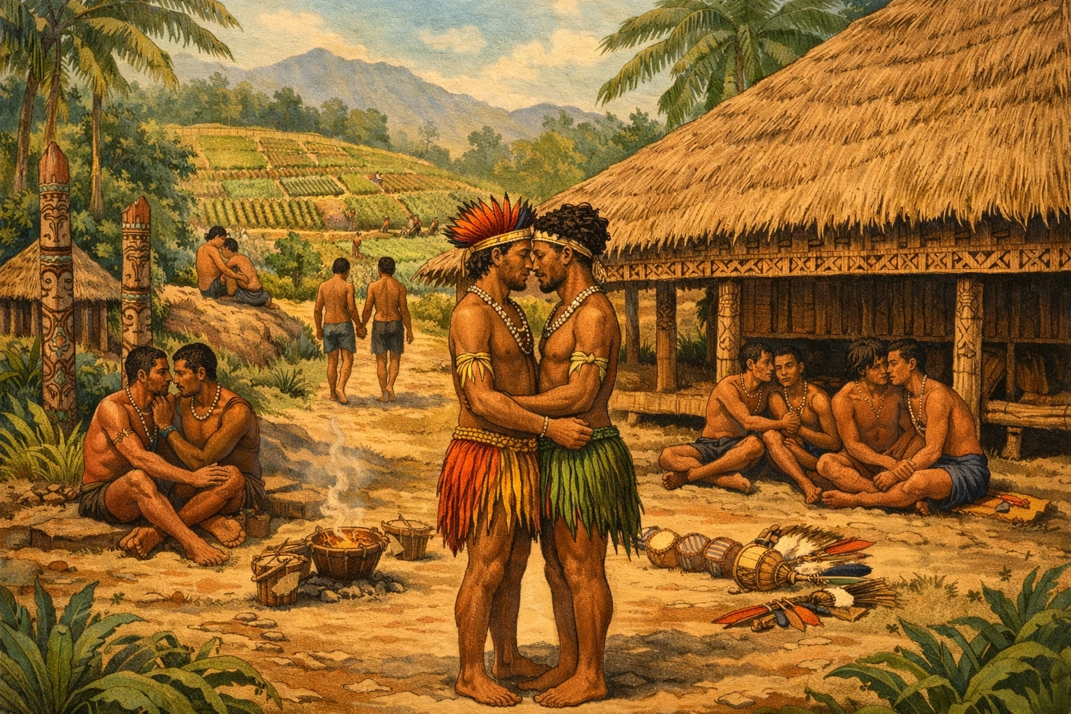 Etoro village community showing traditional social structure and ceremonial spaces