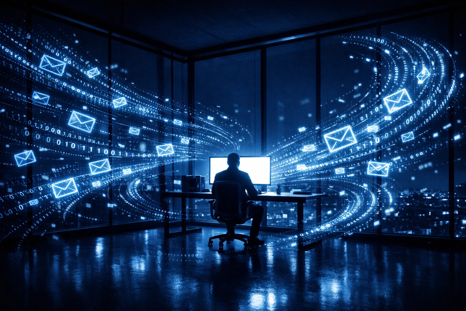 Business professional at a desk during a digital storm of emails representing global phishing and cyber attack threats.