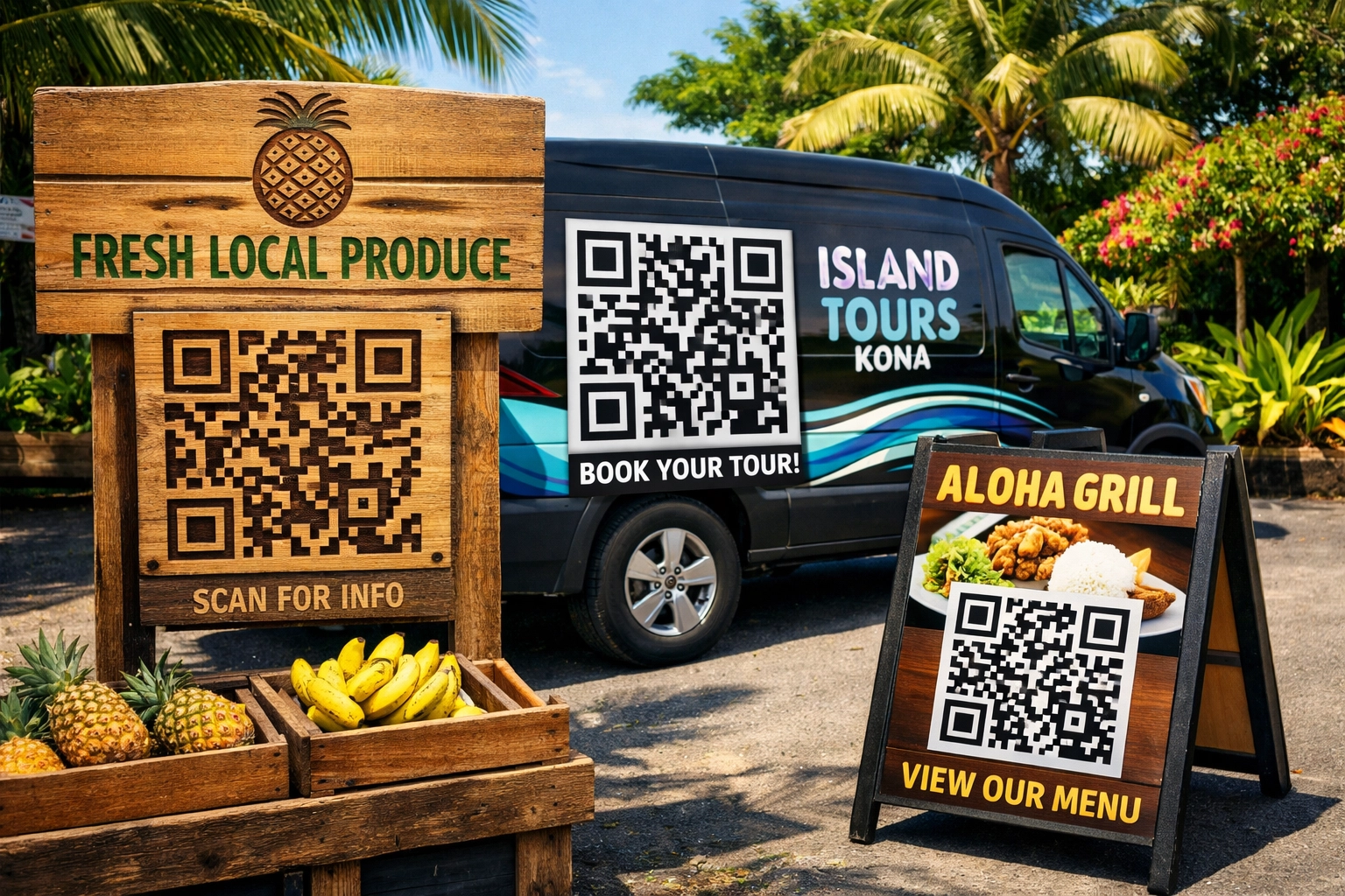 Collection of Kona business signs with QR codes including vehicle wraps and laser-engraved wood