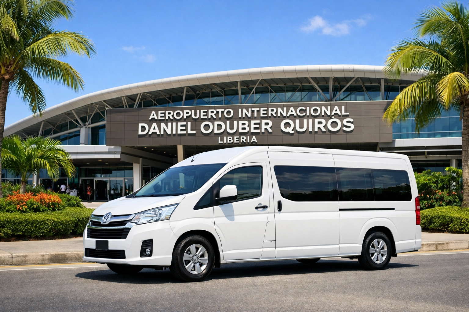 Authorized Liberia airport shuttle van parked at the Daniel Oduber Quirós International Airport terminal.