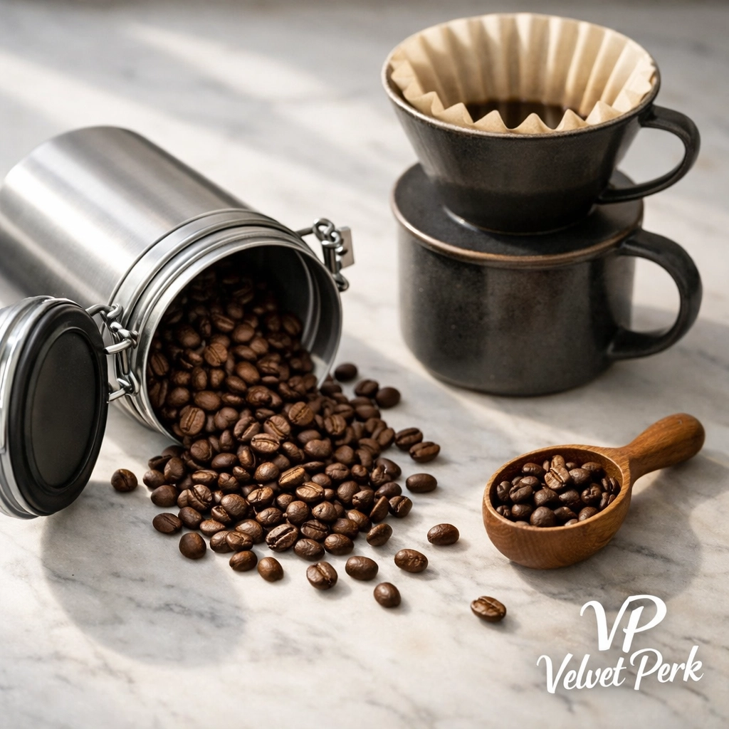 How to Store Coffee Beans So They Actually Stay Fresh Airtight stainless steel container with fresh coffee beans on marble countertop