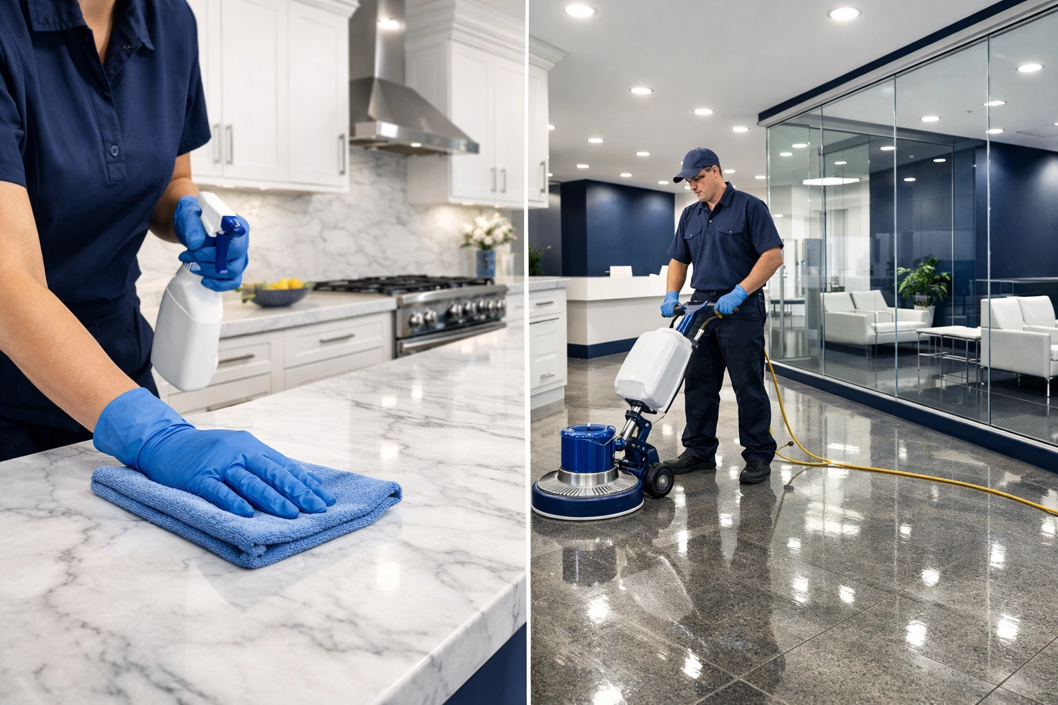 Clean modern kitchen and professional office lobby showing expert residential and commercial turnover services.