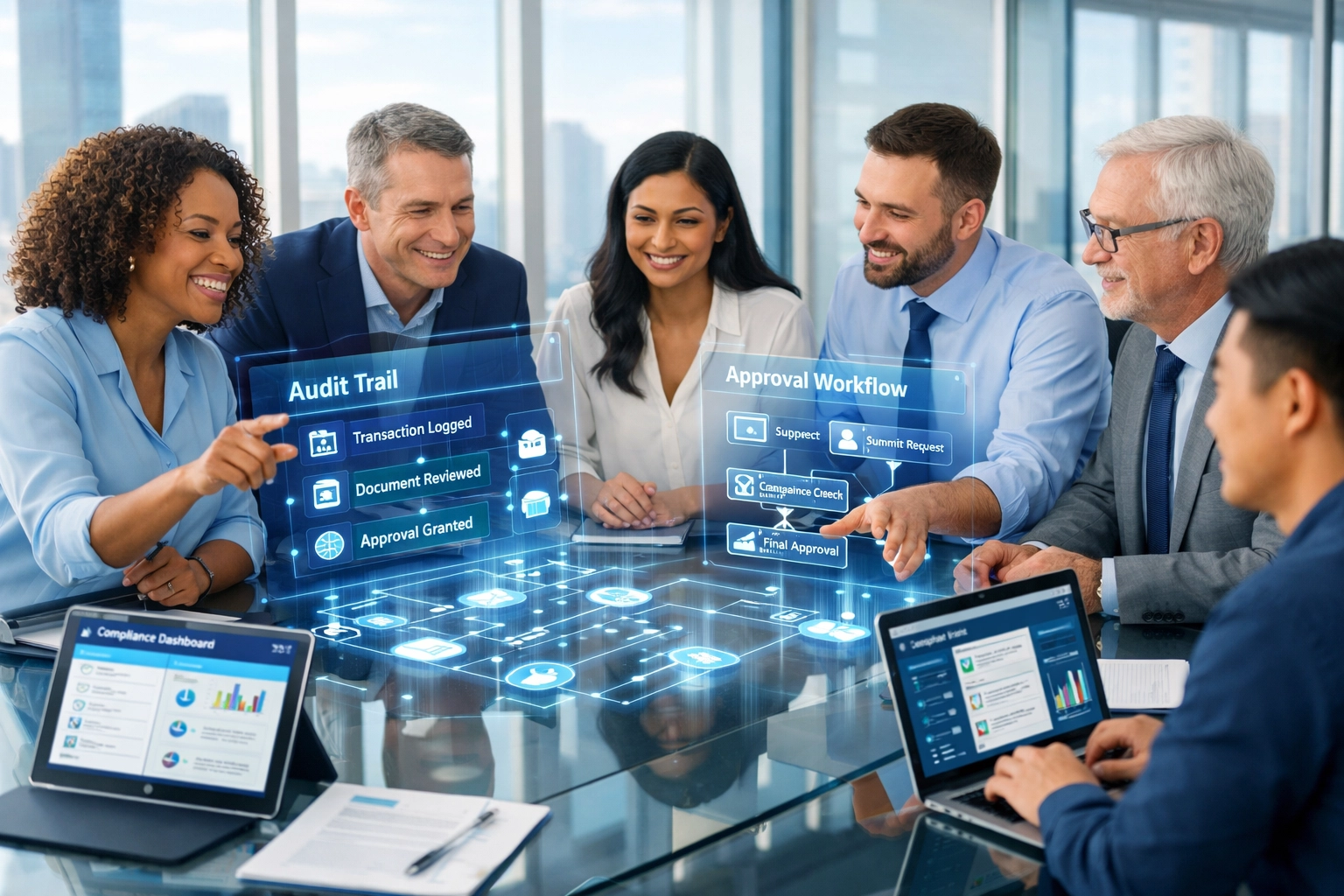 Banking compliance team reviewing ServiceNow audit trails and approval workflows