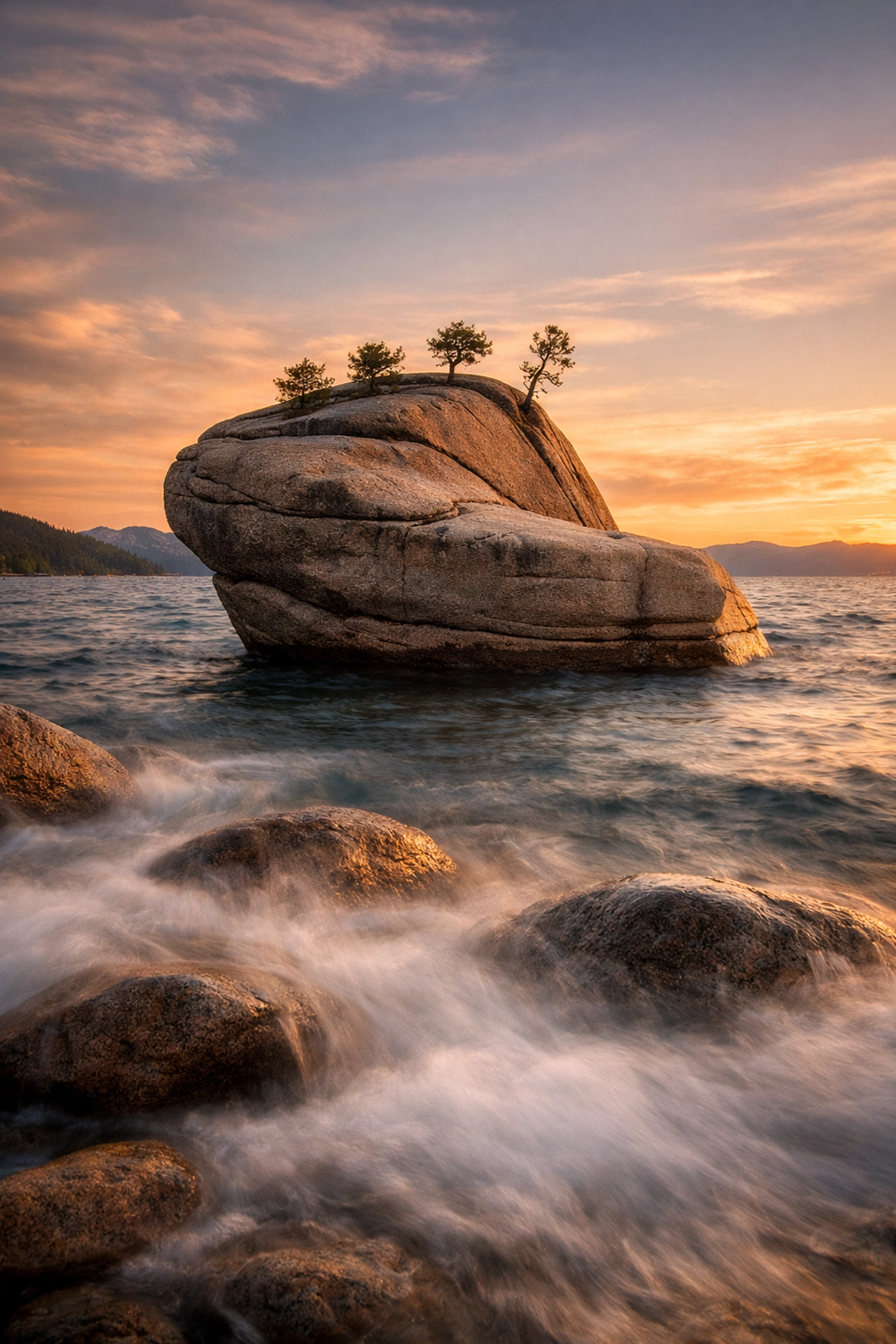 Sunset at Bonsai Rock on Lake Tahoe's East Shore featuring small trees growing on a granite boulder.