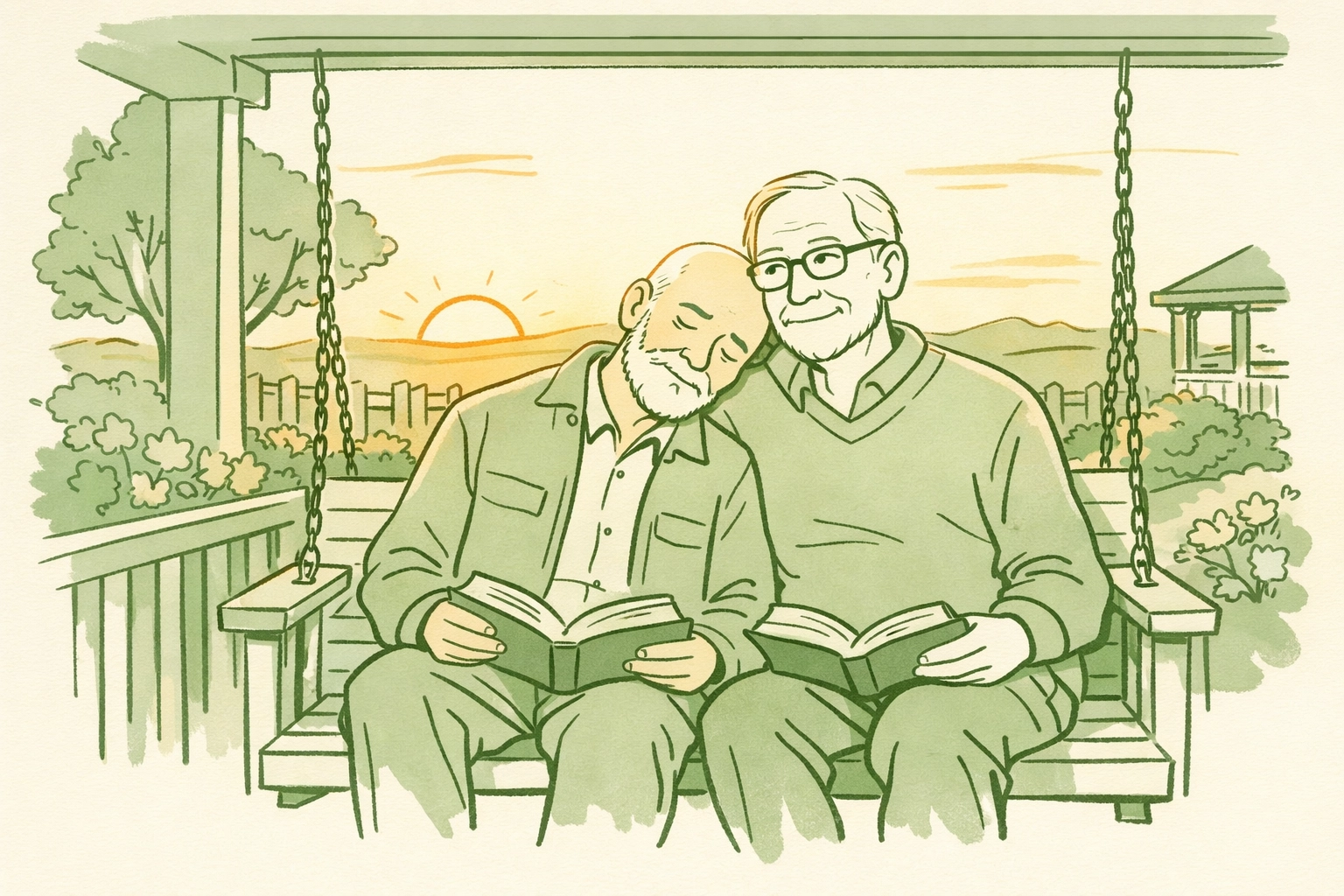 Elderly male couple reading together on porch swing - authentic senior gay love story