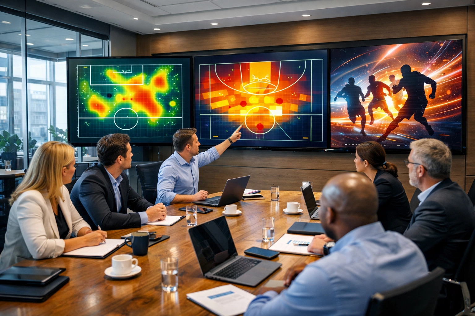 PRESS RELEASE: Why a Strategic Brand Blitz Will Change the Way You Manage Super Bowl Visibility Corporate marketing team planning a Super Bowl sports strategy in a modern glass boardroom.