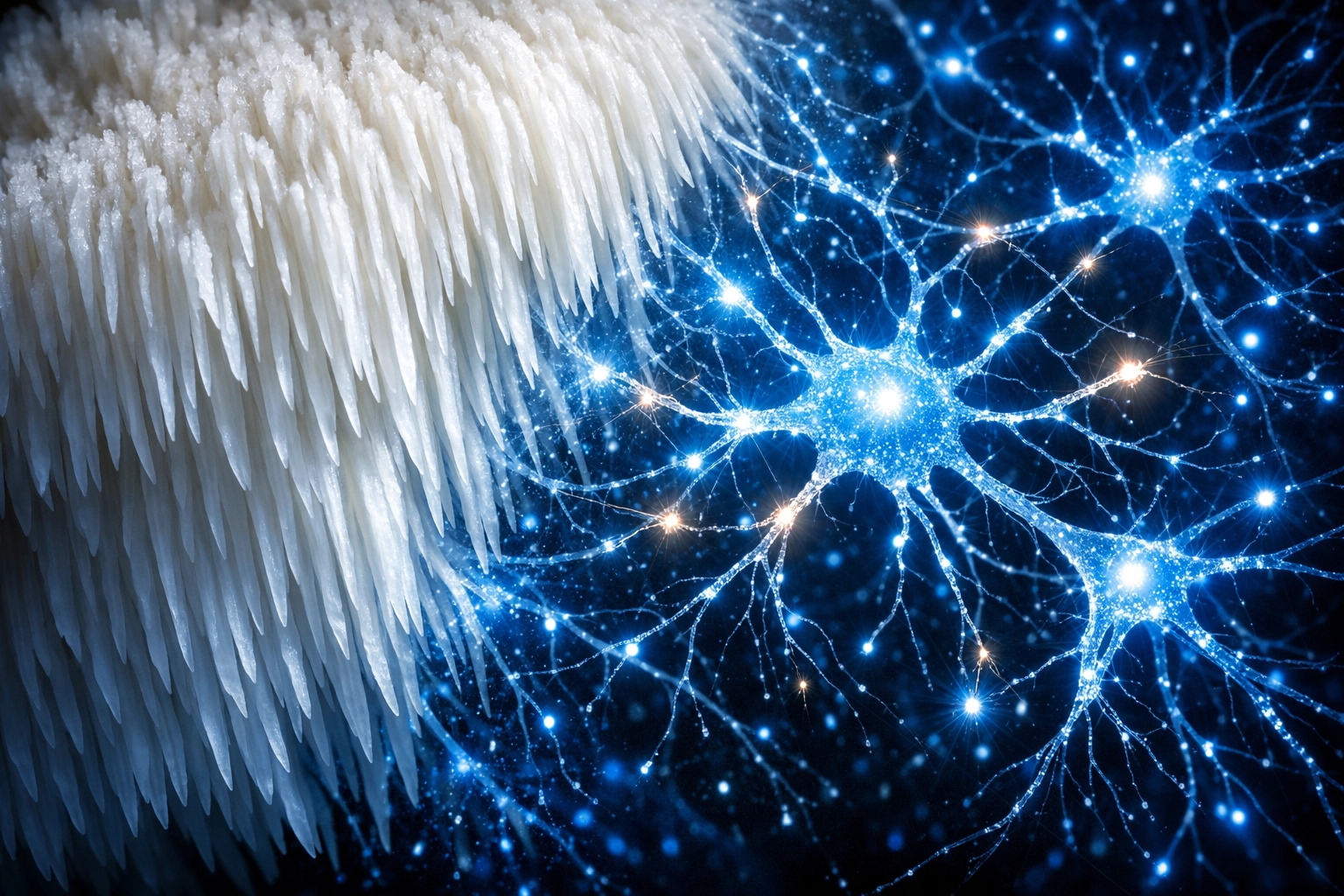 Lion’s Mane mushroom spines connecting to neural pathways to illustrate neurogenesis and brain repair.