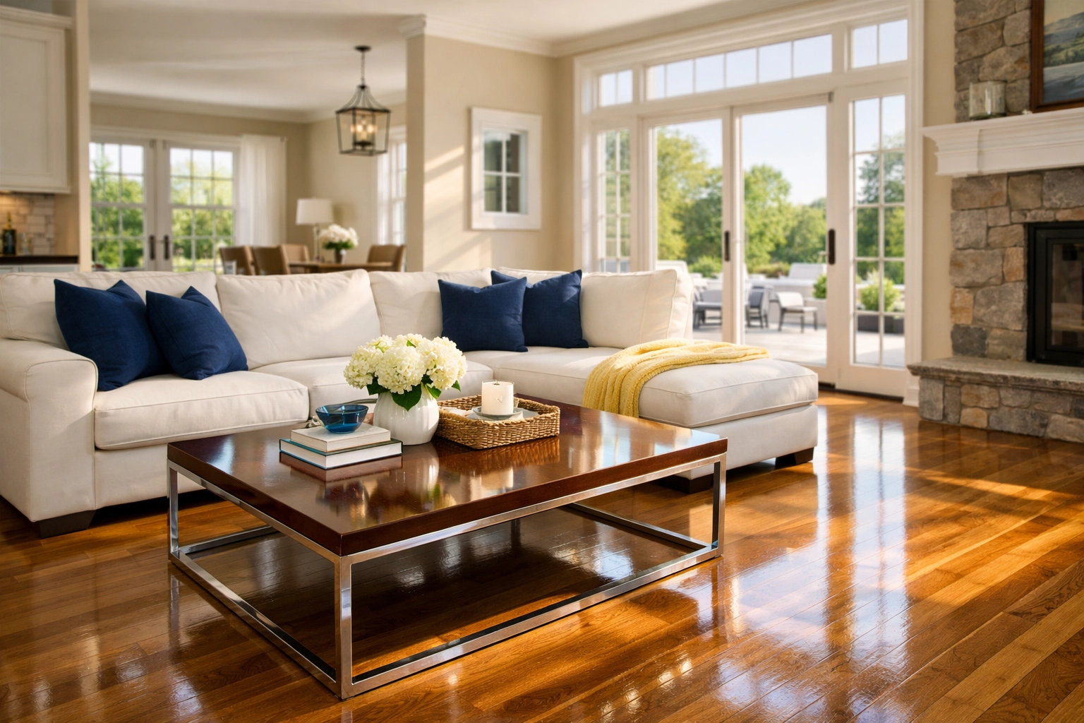 Pristine living room with clean hardwood floors after recurring house cleaning Ashburnham MA services.