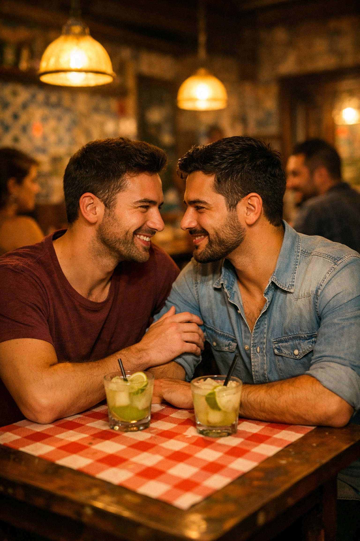 Gay couple sharing intimate moment over caipirinhas in traditional São Paulo boteco bar