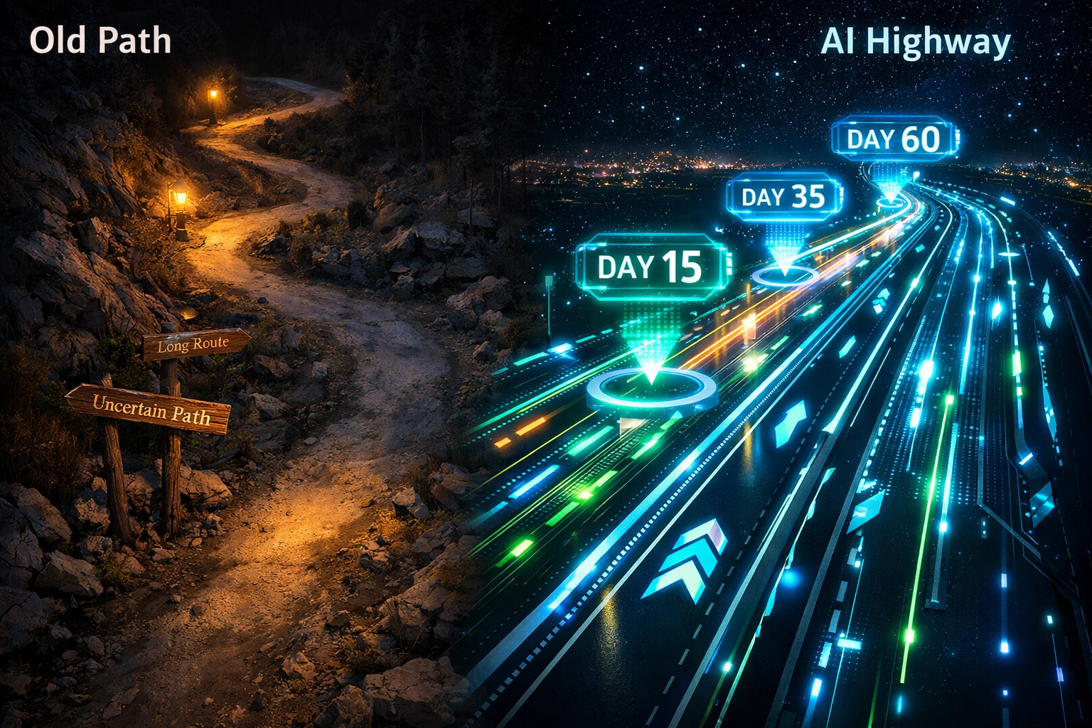 Traditional 6-month career path versus accelerated 60-day AI-driven timeline comparison
