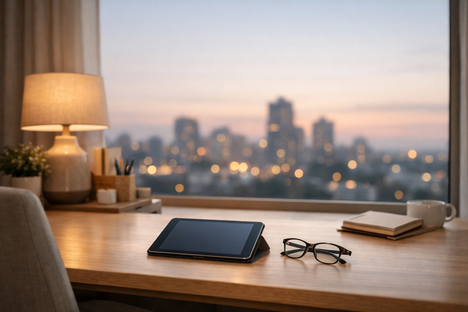 Home office view of a Canadian city representing online payday loans and credit.