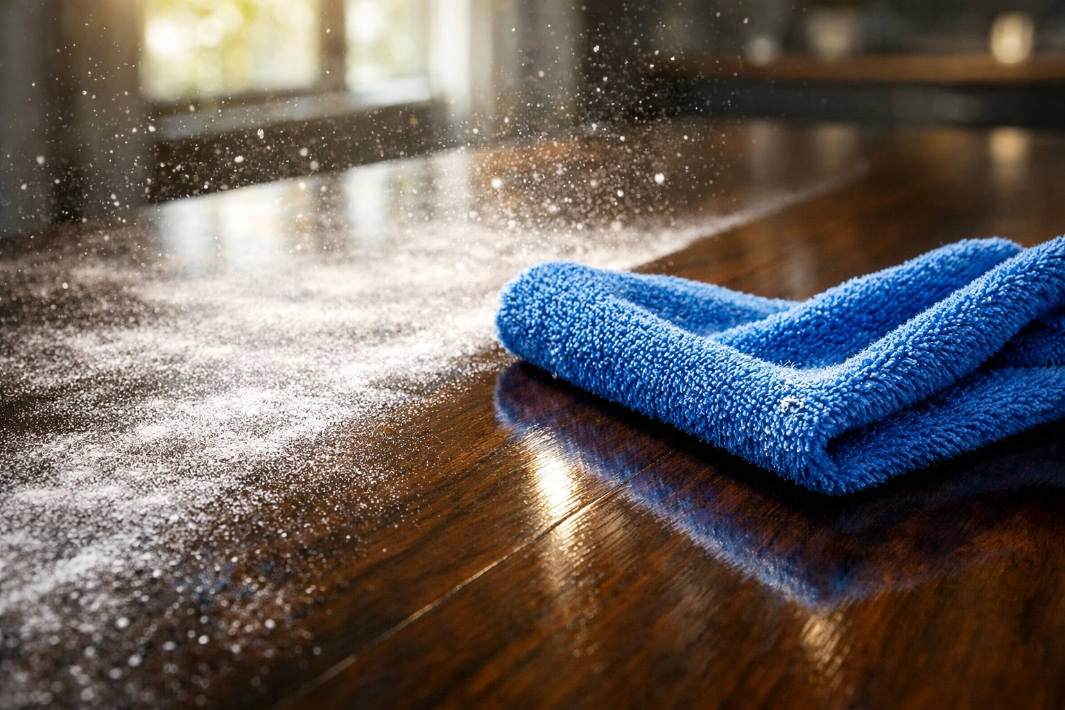 Professional post construction cleaning in Littleton removing white dust from dark hardwood floors.