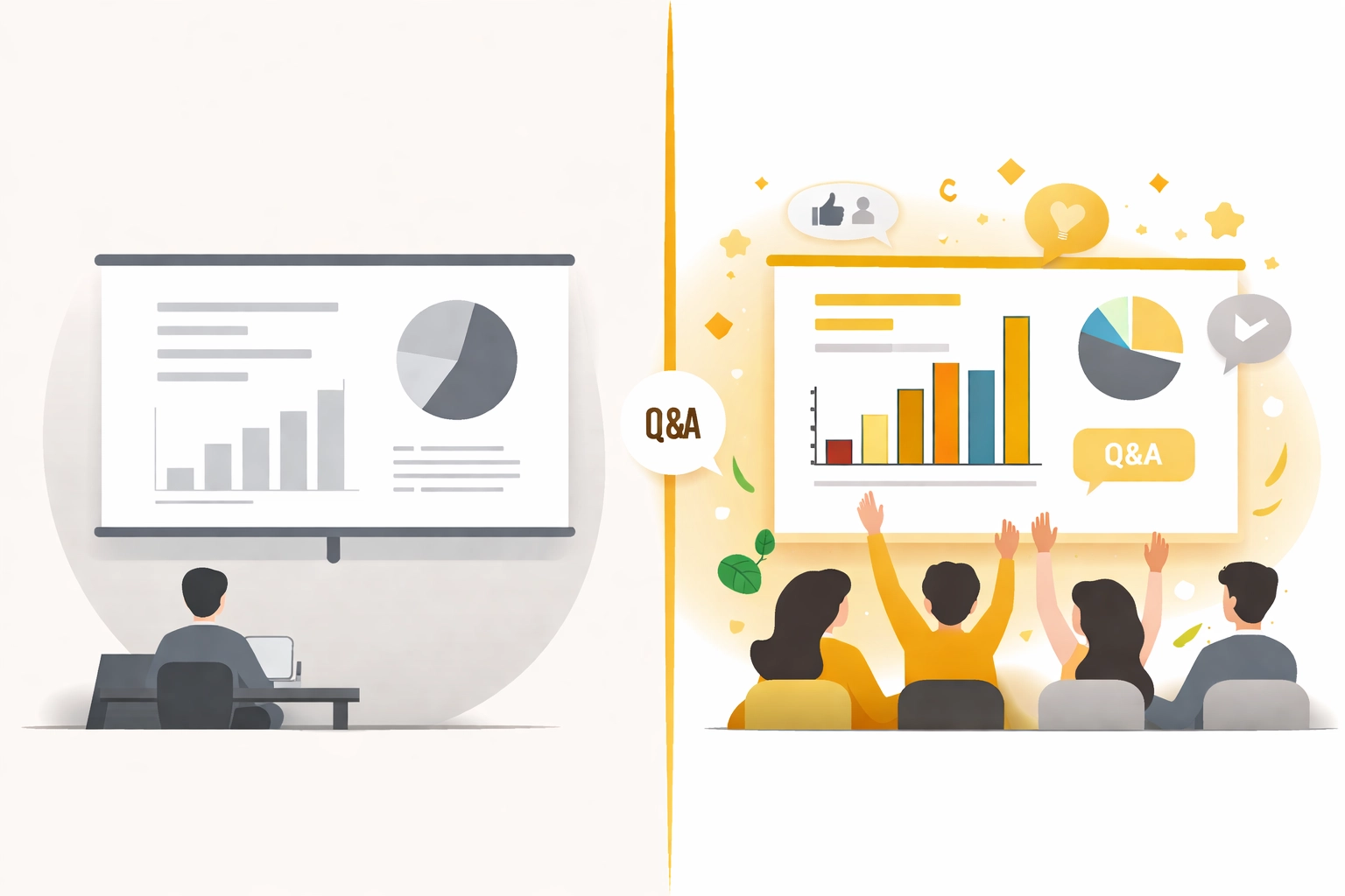Split-screen comparison of static versus interactive webinar platforms, illustrating sales-focused features