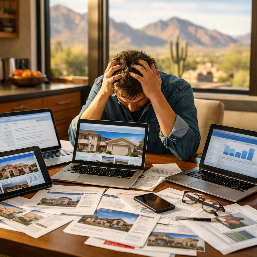 Overwhelmed home buyer surrounded by multiple devices and real estate listings showing decision fatigue