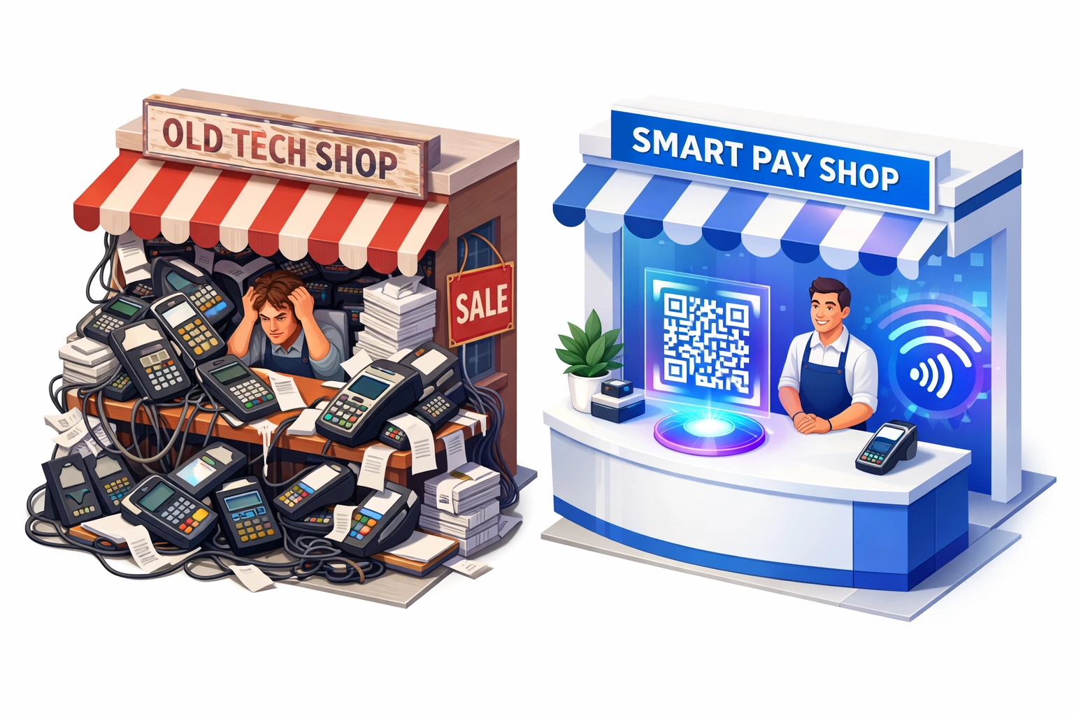 Complex traditional payment setup with hardware versus simple Larecoin QR code and NFC tap-to-pay system