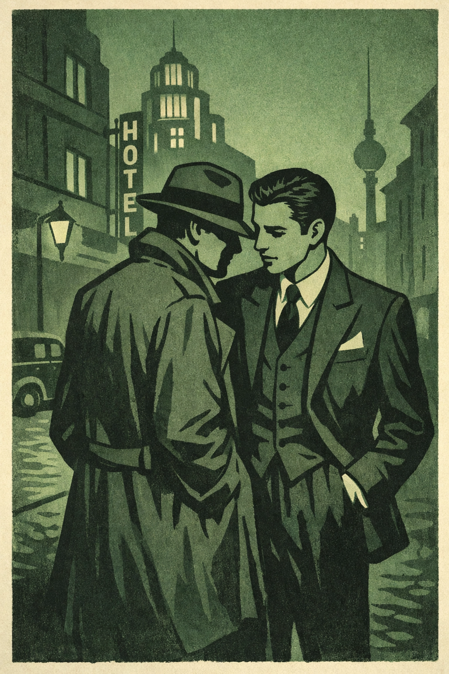 Two men in intimate moment on 1930s Berlin street from gay historical romance