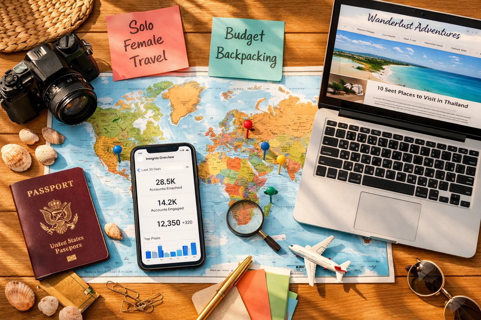 Travel influencer workspace with map, camera, and niche planning notes for building audience