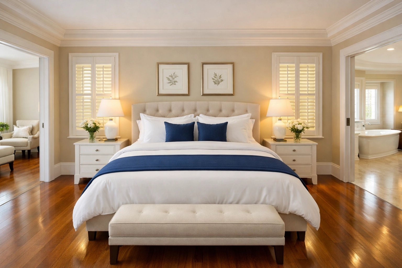 Clean master bedroom with polished floors reflecting a professional deep cleaning house service.