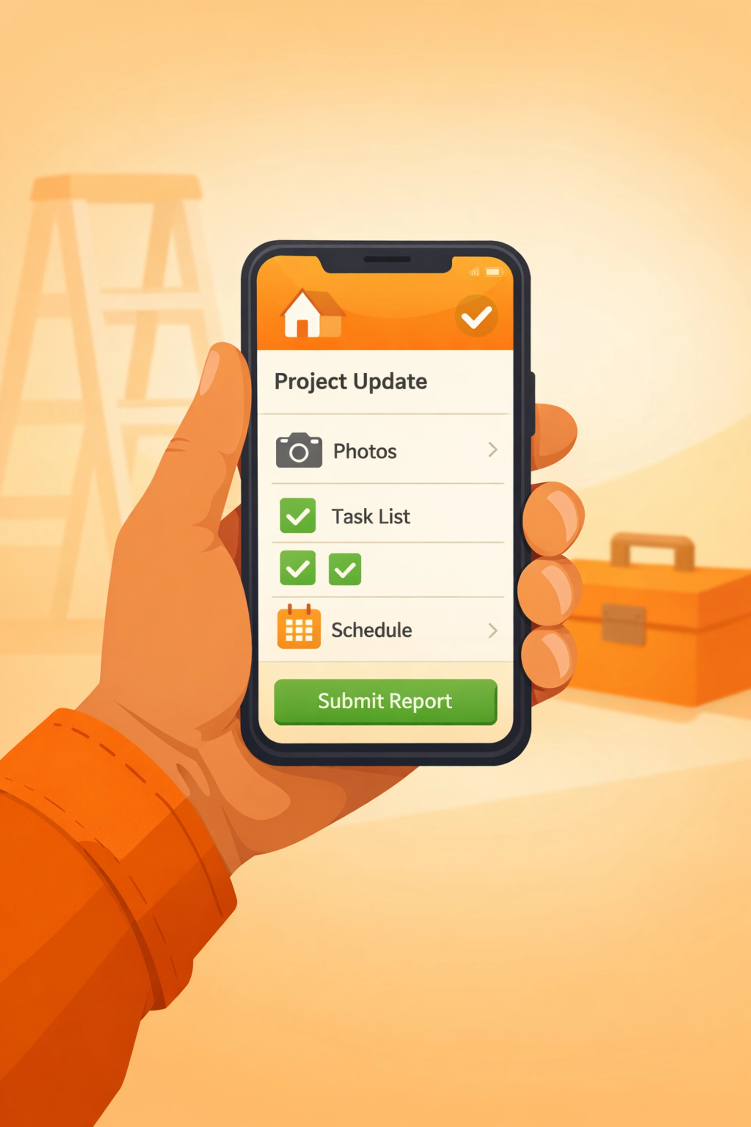Contractor using a simple contractor job app on a smartphone to organize field service photos.