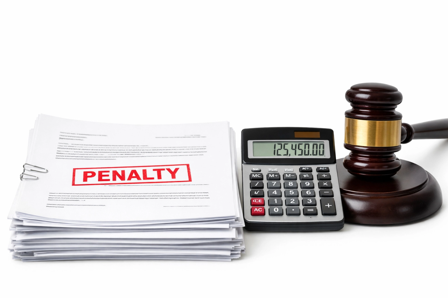 Official documents stamped with penalty notice, calculator, and gavel showing BOIR fines