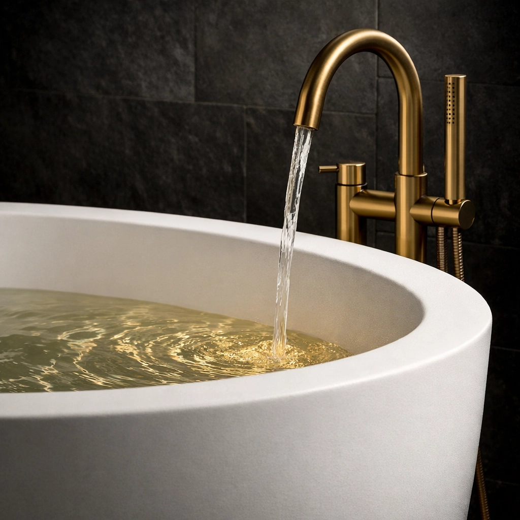 Durable resin freestanding bathtub with brass fixtures for a high-end West Sussex bathroom renovation.
