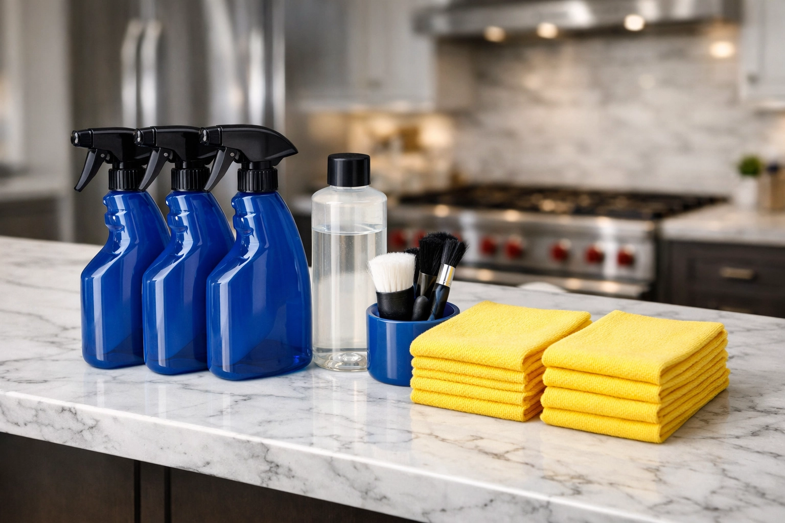 Eco-friendly cleaning products on a white marble kitchen island in a Westford home.