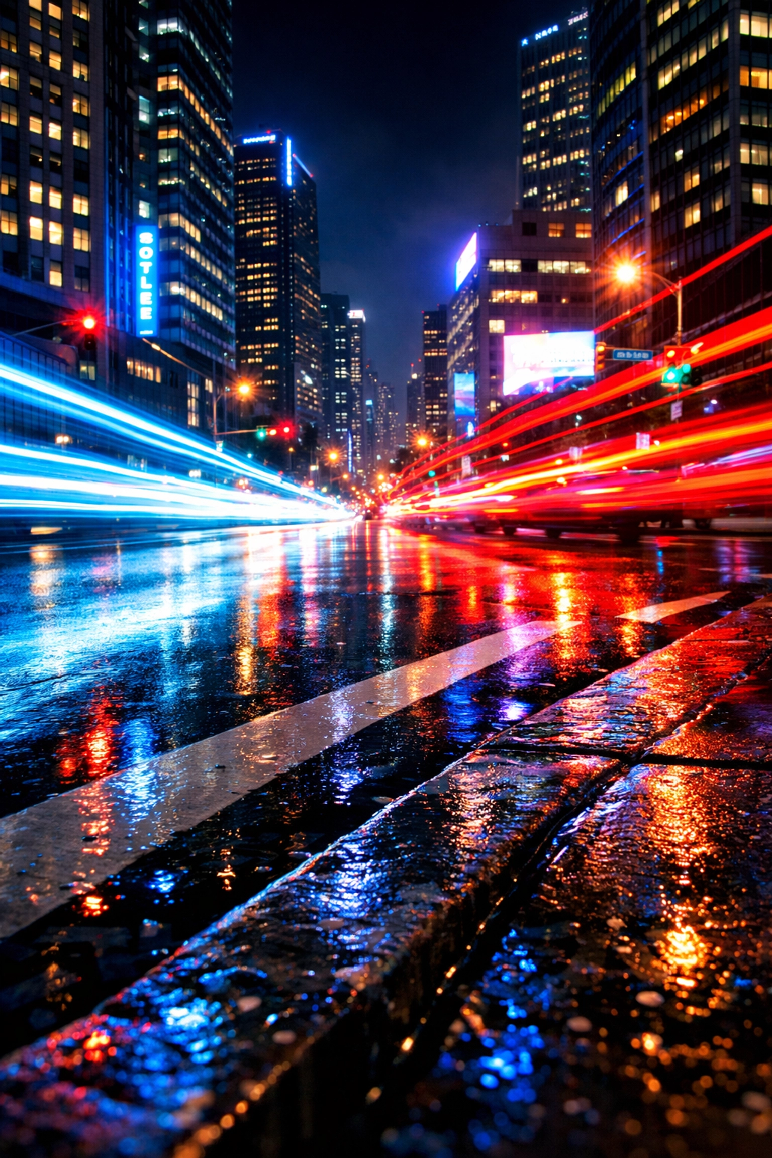 Long exposure urban photography tutorial showing light trails on a busy city street at night.