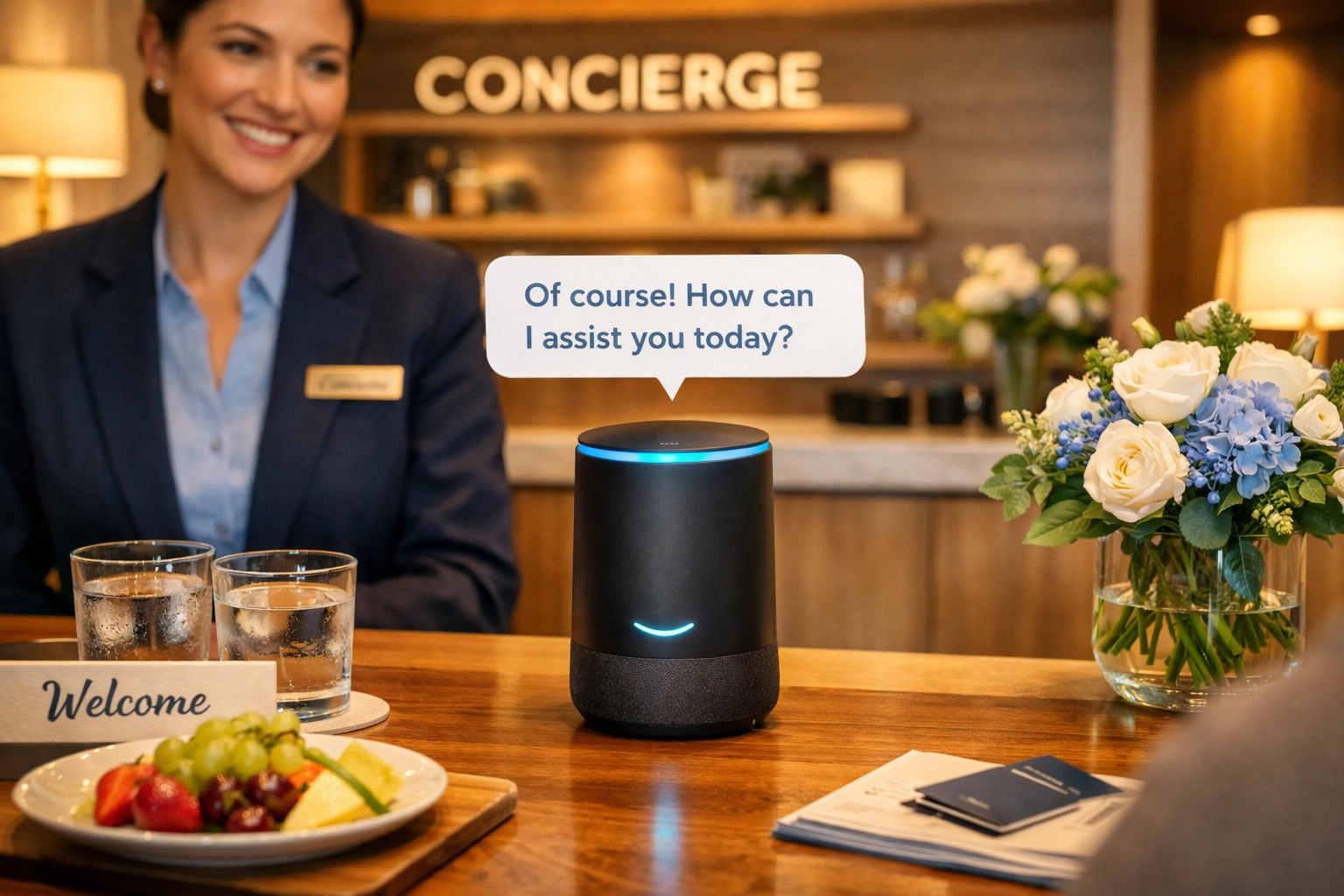 Hotel guest naturally conversing with voice AI concierge at modern service desk