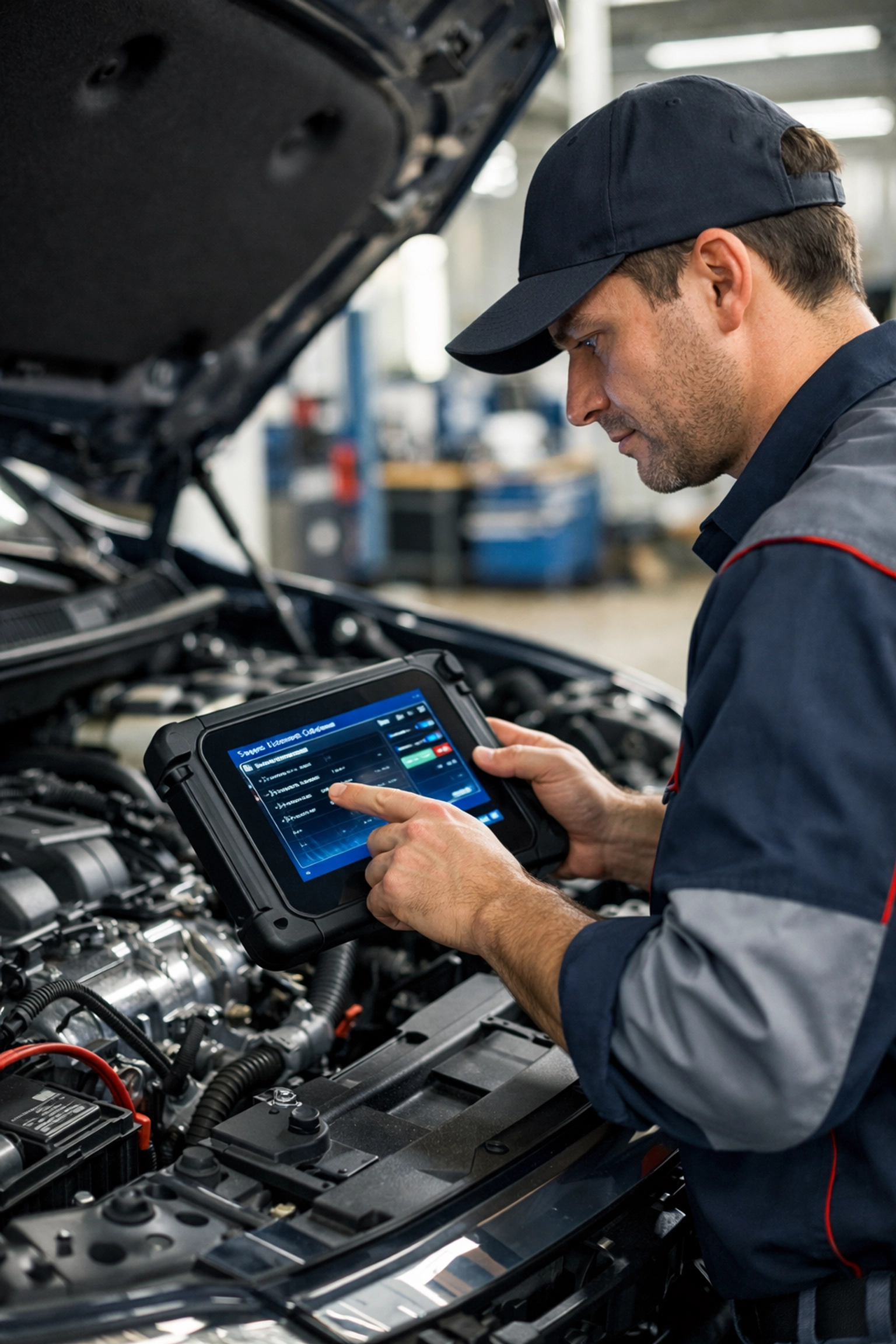 Dover auto technician using a digital diagnostic tool to test a car's battery and electrical system performance.