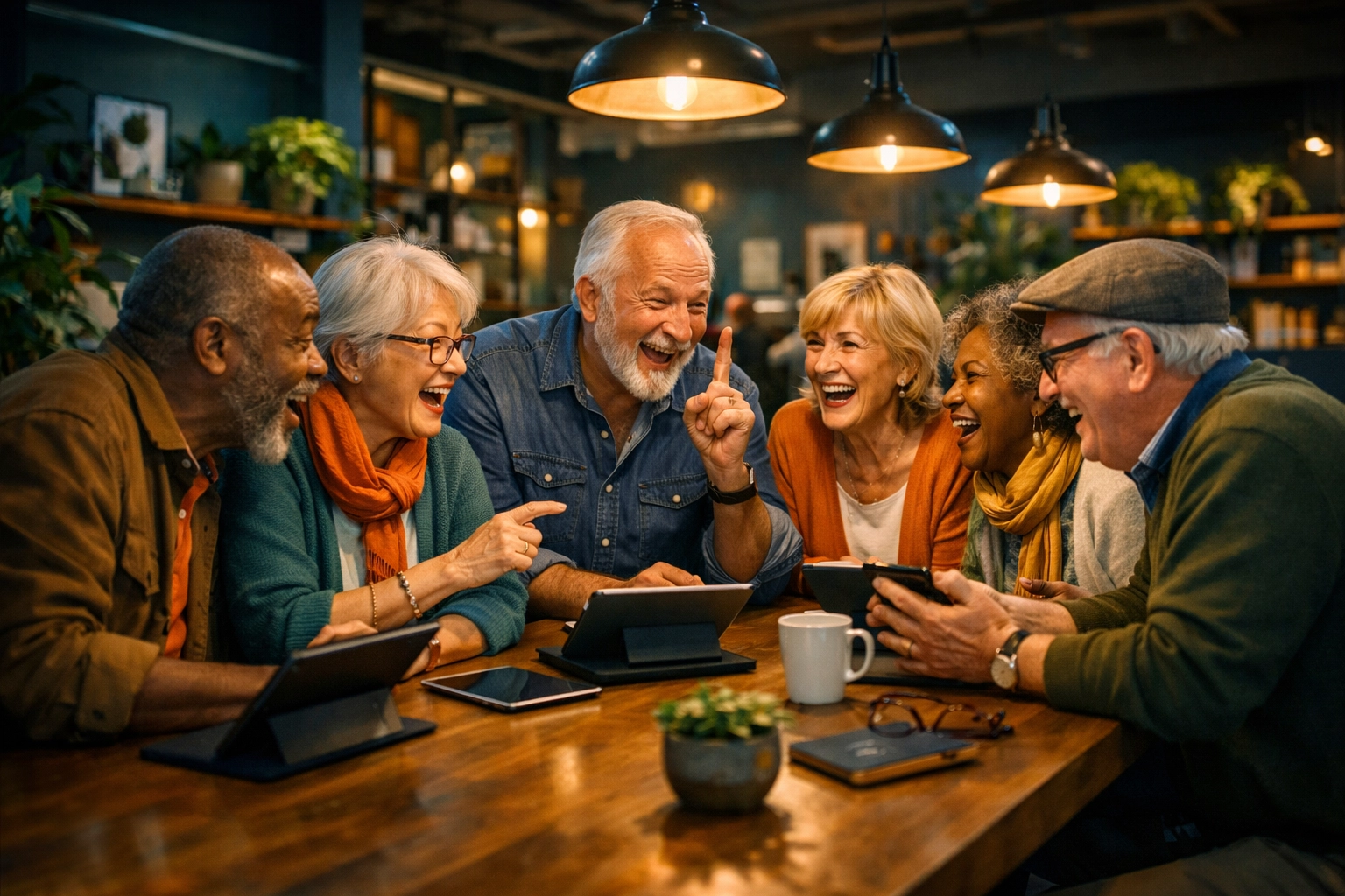 Diverse group of seniors laughing and learning together in tech education for senior living communities.