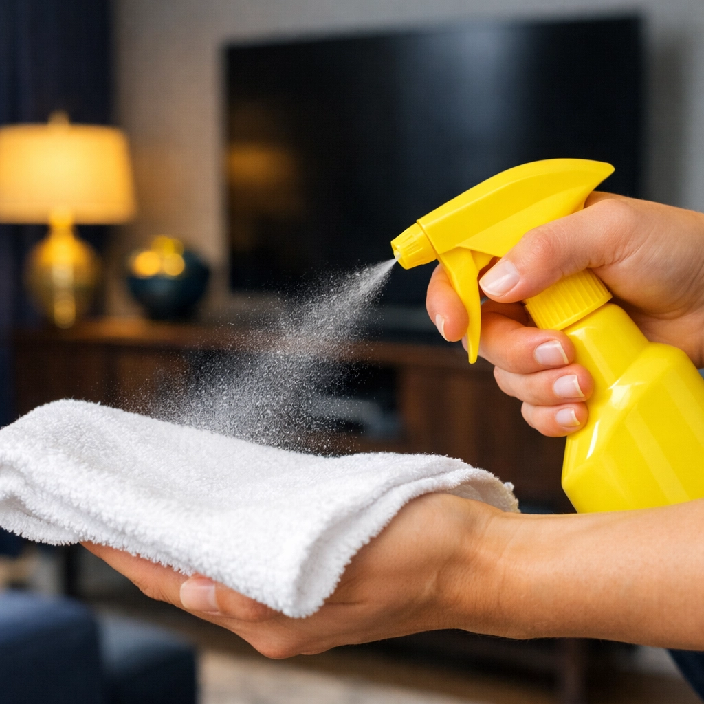 Spraying cleaner onto a microfiber cloth for safe and professional House Cleaning Townsend MA.